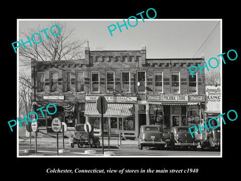 OLD LARGE HISTORIC PHOTO COLCHESTER CONNECTICUT, STORES ON MAIN STREET c1940
