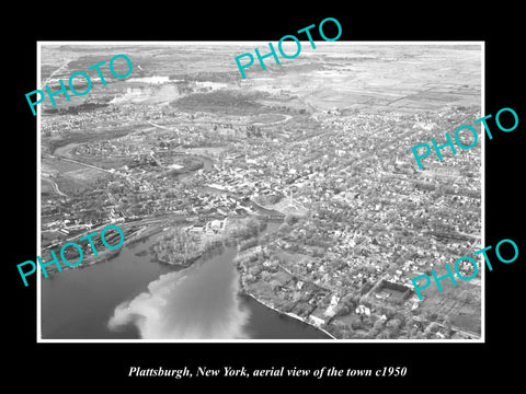 OLD LARGE HISTORIC PHOTO PLATTSBURGH NEW YORK, AERIAL VIEW OF THE TOWN c1950