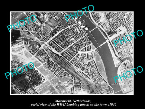 OLD LARGE HISTORIC MILITARY PHOTO MAASTRICHT HOLLAND, AERIAL VIEW BOMBING c1940