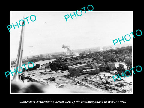 OLD LARGE HISTORIC MILITARY PHOTO ROTTERDAM HOLLAND, AERIAL VIEW BOMBING c1940