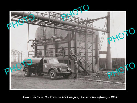 OLD LARGE HISTORIC PHOTO OF ALTONA VICTORIA, MOBIL OIL TRUCK AT REFINERY c1950