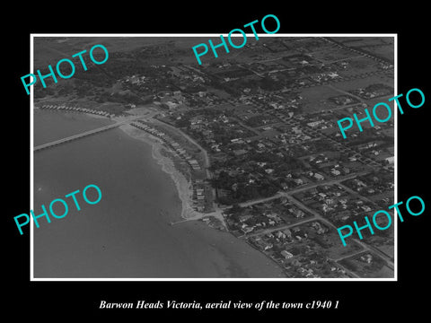 OLD LARGE HISTORIC PHOTO BARWON HEADS VICTORIA, AERIAL VIEW OF THE TOWN c1940