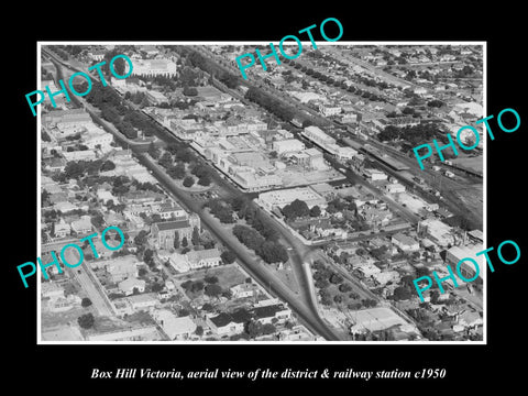 OLD LARGE HISTORIC PHOTO BOX HILL VICTORIA, AERIAL VIEW & RAILWAY STATION c1950