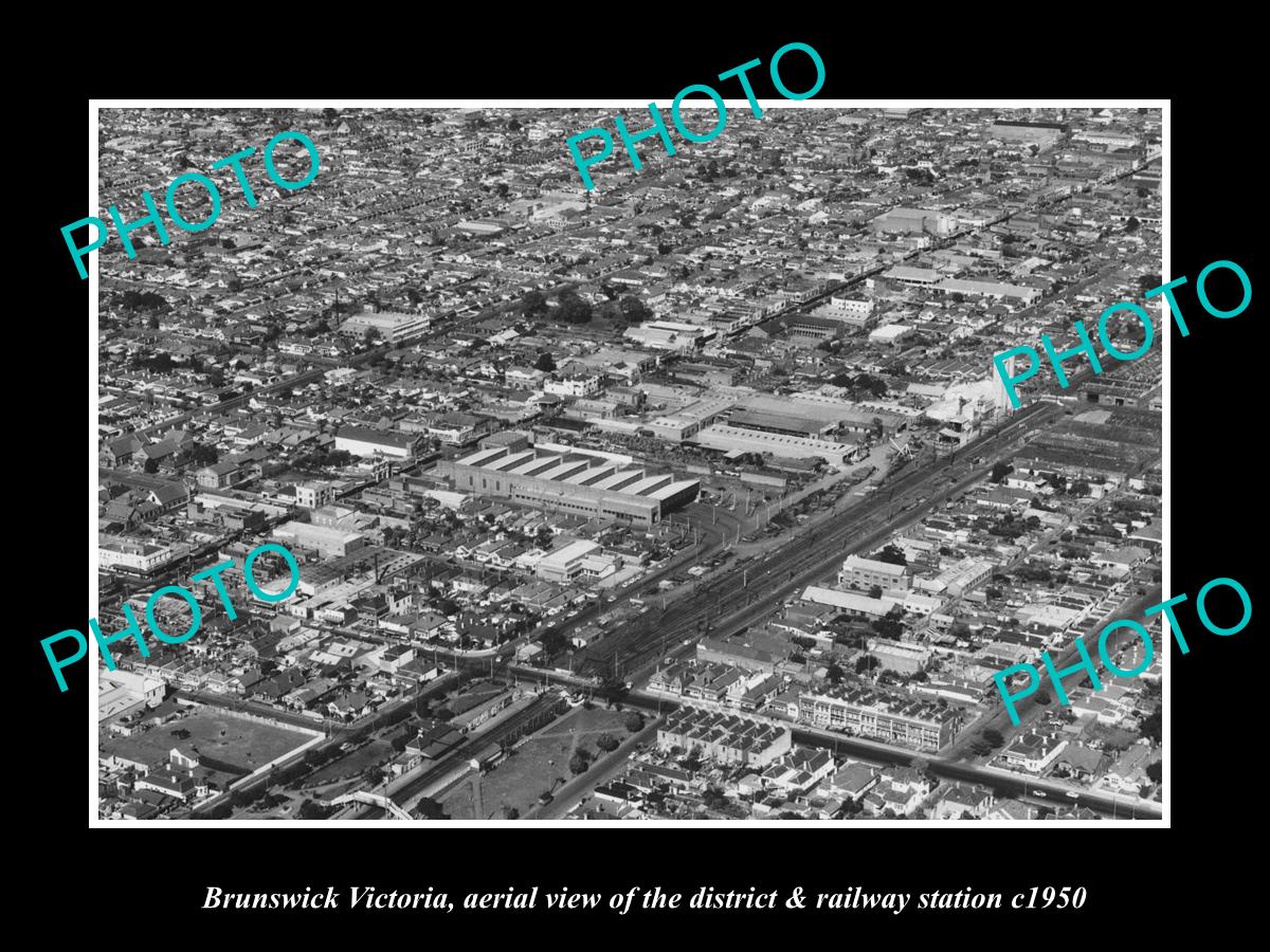 OLD LARGE HISTORIC PHOTO BRUNSWICK VICTORIA, AERIAL VIEW & RAILWAY STATION c1950