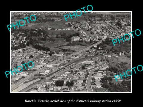 OLD LARGE HISTORIC PHOTO DAREBIN VICTORIA, AERIAL VIEW & RAILWAY STATION c1950