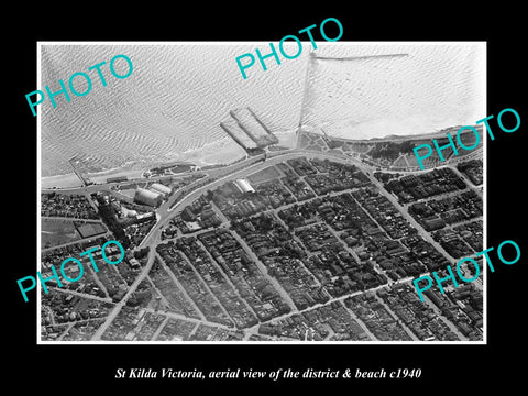 OLD LARGE HISTORIC PHOTO ST KILDA VICTORIA, AERIAL VIEW OF THE DISTRICT c1940