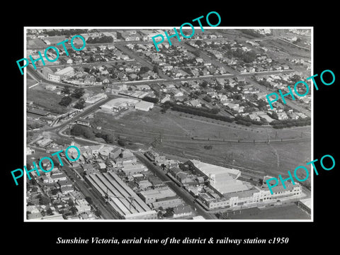 OLD LARGE HISTORIC PHOTO SUNSHINE VICTORIA, AERIAL VIEW & RAILWAY STATION c1950