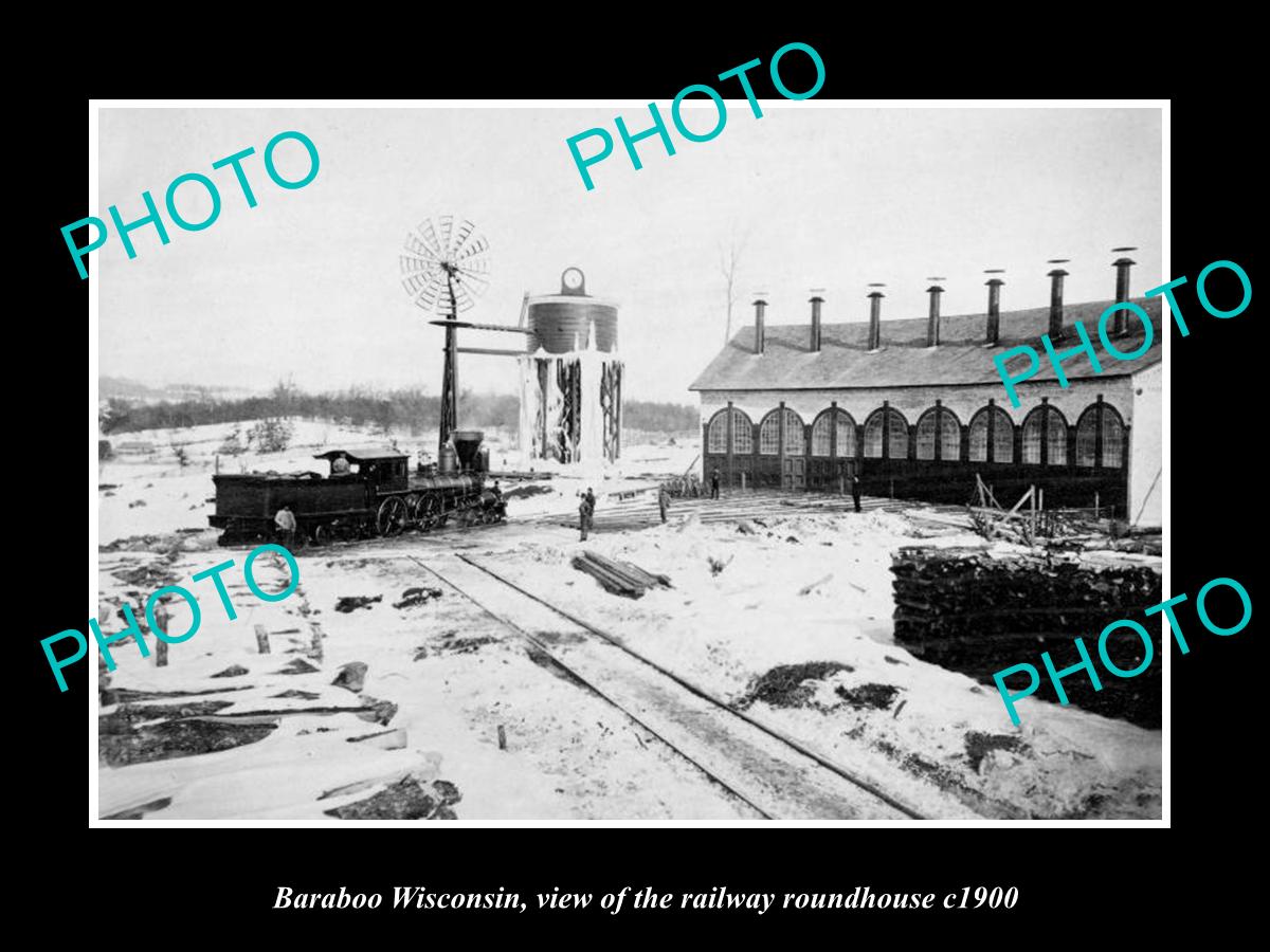 OLD LARGE HISTORIC PHOTO BARABOO WISCONSIN, THE RAILWAY ROUNDHOUSE c1900