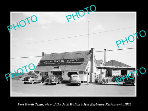 OLD LARGE HISTORIC PHOTO OF FORT WORTH TEXAS, THE JACK WALTONS HOT BARBEQUE 1950