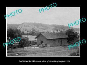 OLD LARGE HISTORIC PHOTO PRAIRIE DU SAC WISCONSIN, VIEW OF RAILWAY DEPOT c1920