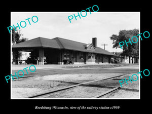 OLD LARGE HISTORIC PHOTO REEDSBURG WISCONSIN, VIEW OF RAILWAY DEPOT c1950