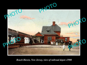 OLD LARGE HISTORIC PHOTO BEACH HAVEN NEW JERSEY, VIEW OF RAILROAD DEPOT c1900