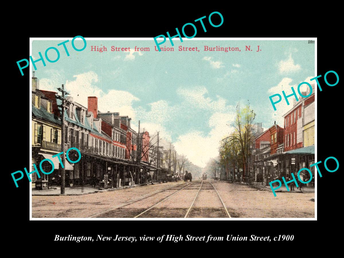 OLD LARGE HISTORIC PHOTO BURLINGTON NEW JERSEY, VIEW OF HIGH ST & UNION ST c1900