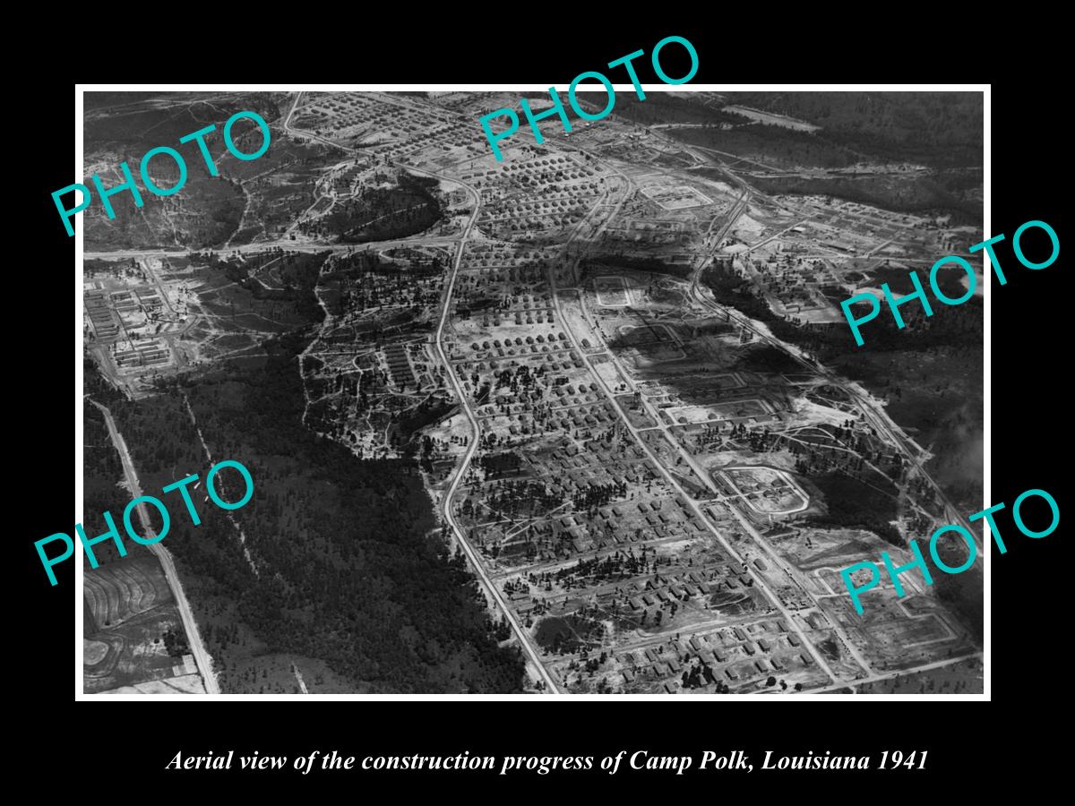 OLD LARGE HISTORIC PHOTO CAMP POLK LOUISIANA, AERIAL VIEW OF THE CAMP WWII c1941