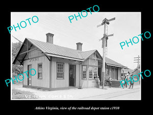 OLD LARGE HISTORIC PHOTO OF ATKINS VIRGINIA, THE RAILROAD DEPOT STATION c1930