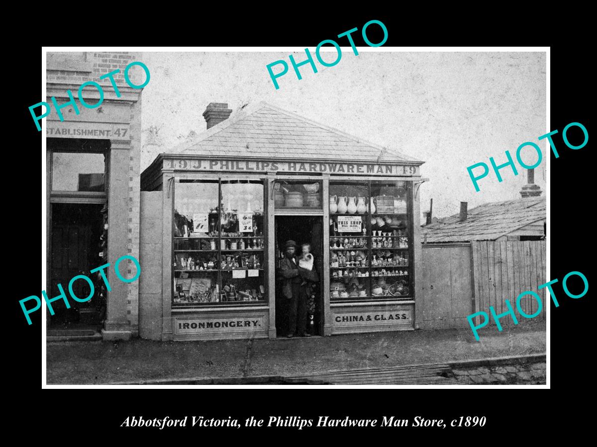 OLD LARGE HISTORIC PHOTO ABBOTSFORD VICTORIA, THE HARDWARE MAN STORE c1890