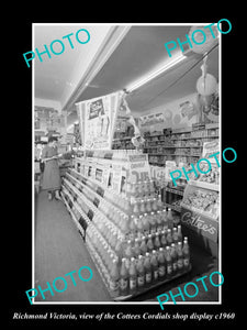 OLD LARGE HISTORIC PHOTO RICHMOND VICTORIA, COTTEES CORDIALS SHOP DISPLAY c1960