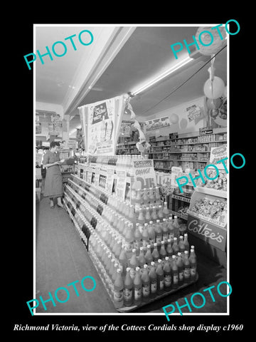 OLD LARGE HISTORIC PHOTO RICHMOND VICTORIA, COTTEES CORDIALS SHOP DISPLAY c1960