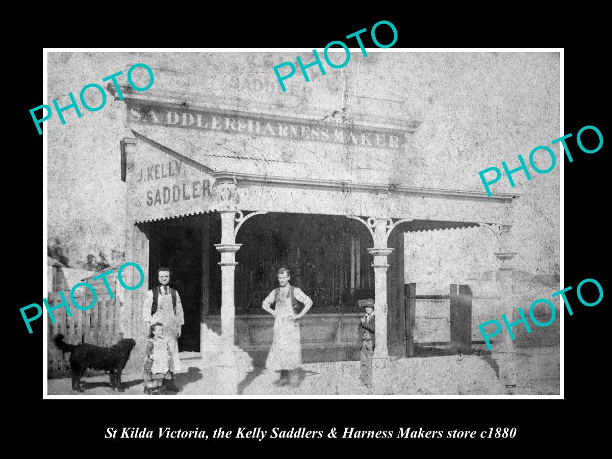 OLD LARGE HISTORIC PHOTO ST KILDA VICTORIA, HORSE SADDLE & HARNESS STORE c1880