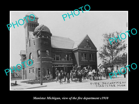 OLD LARGE HISTORIC PHOTO MANISTEE MICHIGAN, THE FIRE DEPARTMENT STATION c1910