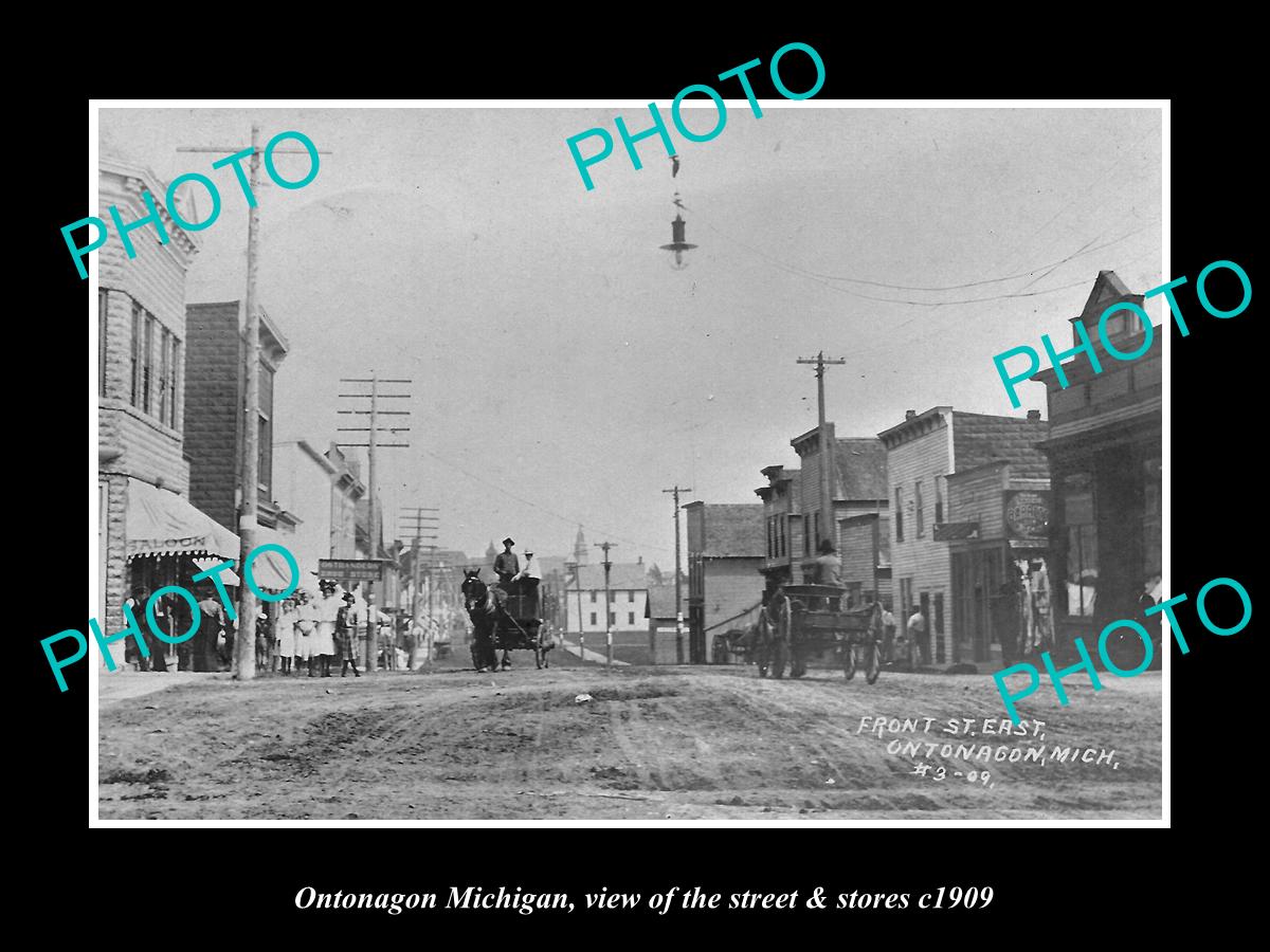 OLD LARGE HISTORIC PHOTO ONTONAGON MICHIGAN, THE STREET & STORES c1909