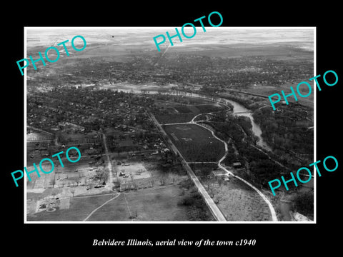 OLD LARGE HISTORIC PHOTO BELVIDERE ILLINOIS, AERIAL VIEW OF THE TOWN c1940