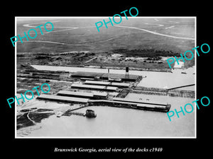 OLD LARGE HISTORIC PHOTO BRUNSWICK GEORGIA, AERIAL VIEW OF THE DOCKS c1940