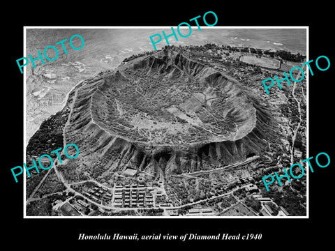 OLD LARGE HISTORIC PHOTO HONOLULU HAWAII, AERIAL VIEW OF DIAMOND HEAD c1940