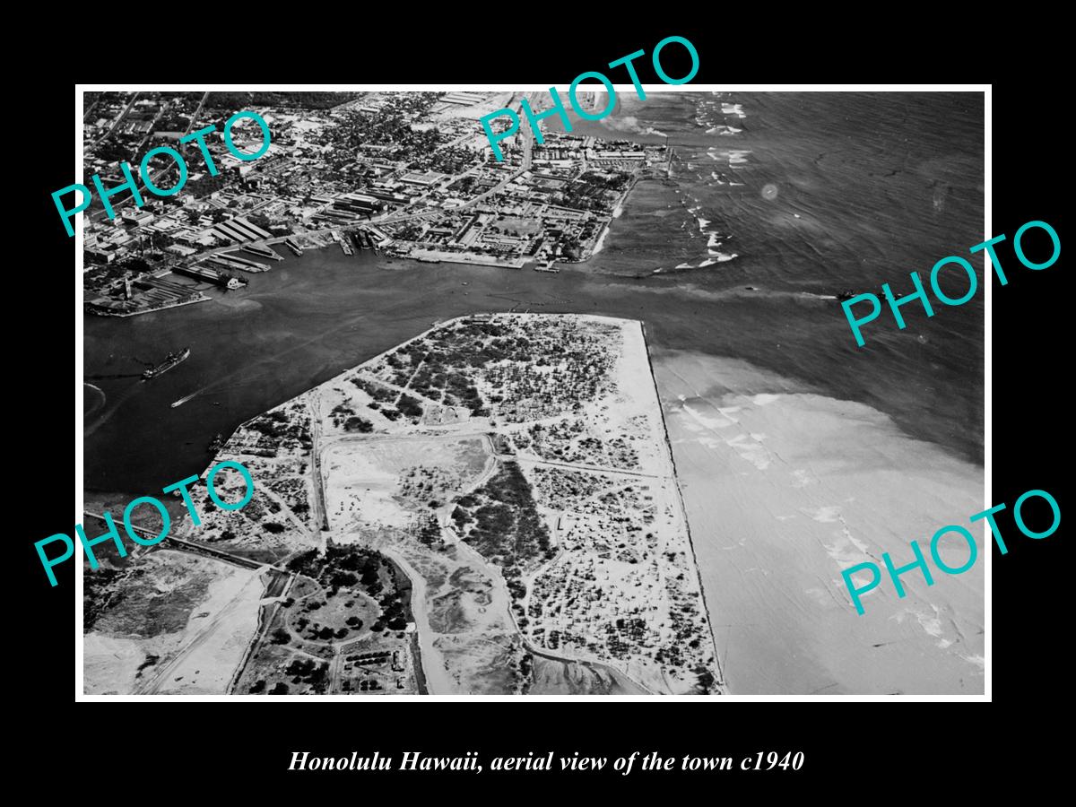 OLD LARGE HISTORIC PHOTO HONOLULU HAWAII, AERIAL VIEW OF THE TOWN c1940 1