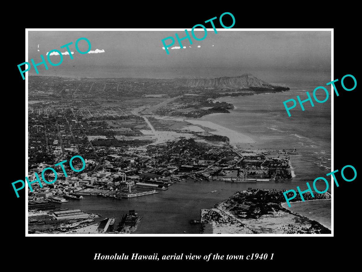 OLD LARGE HISTORIC PHOTO HONOLULU HAWAII, AERIAL VIEW OF THE TOWN c1940 2