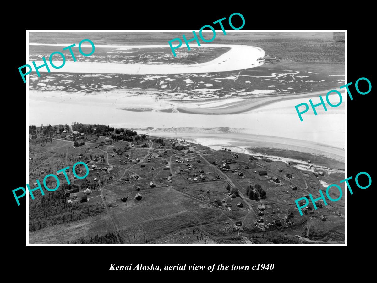 OLD LARGE HISTORIC PHOTO KENAI ALASKA, AERIAL VIEW OF THE TOWN c1940