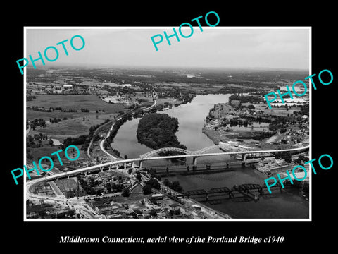 OLD LARGE HISTORIC PHOTO MIDDLETOWN CONNECTICUT, AERIAL VIEW OF BRIDGE c1940