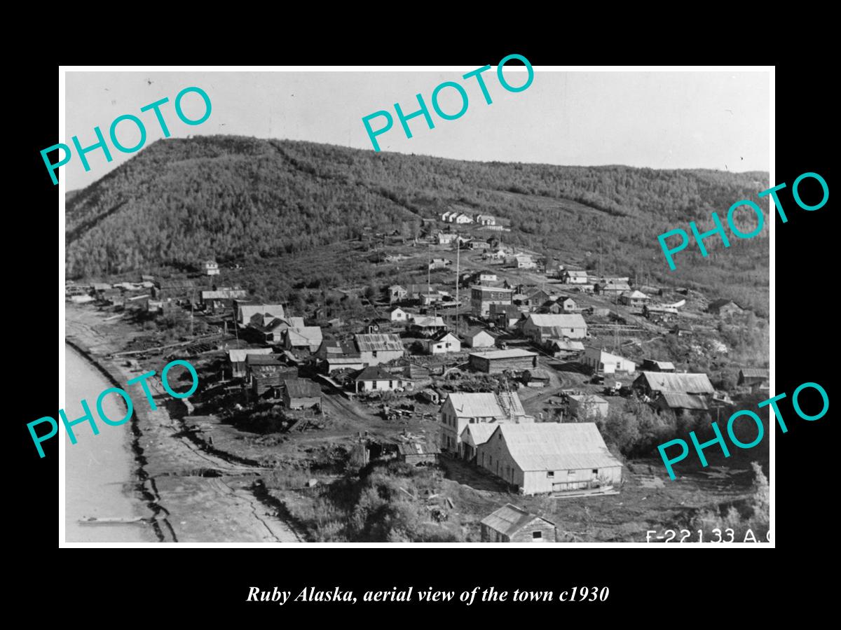 OLD LARGE HISTORIC PHOTO RUBY ALASKA, AERIAL VIEW OF THE TOWN c1930