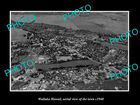 OLD LARGE HISTORIC PHOTO WAILUKU HAWAII, AERIAL VIEW OF THE TOWN c1940