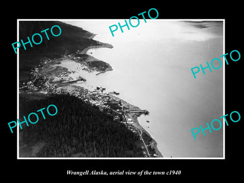 OLD LARGE HISTORIC PHOTO WRANGELL ALASKA, AERIAL VIEW OF THE TOWN c1940