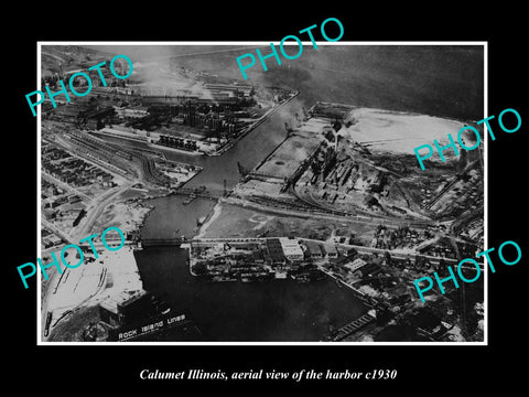 OLD LARGE HISTORIC PHOTO CALUMET ILLINOIS, AERIAL VIEW OF THE HARBOR c1930