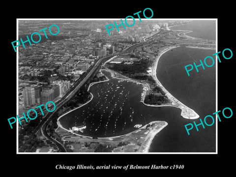 OLD LARGE HISTORIC PHOTO CHICAGO ILLINOIS, AERIAL VIEW OF BELMONT HARBOR c1940