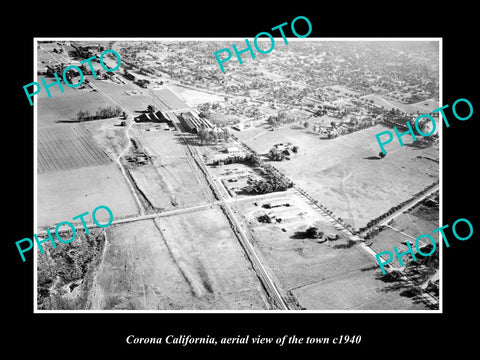 OLD LARGE HISTORIC PHOTO CORONA CALIFORNIA, AERIAL VIEW OF THE TOWN c1940