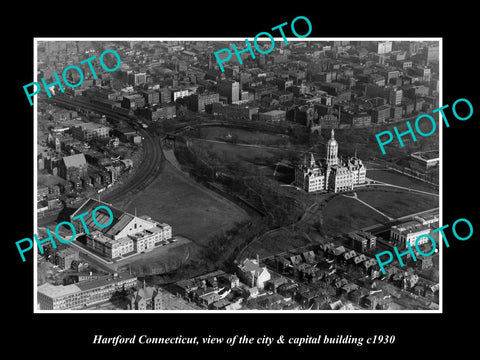 OLD LARGE HISTORIC PHOTO HARTFORD CONNECTICUT, AERIAL VIEW OF CITY CENTRE c1930