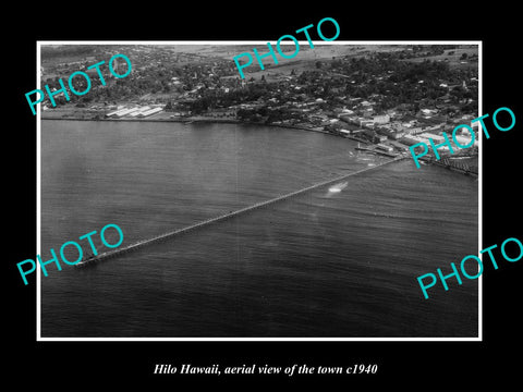 OLD LARGE HISTORIC PHOTO HILO HAWAII, AERIAL VIEW OF THE TOWN c1940