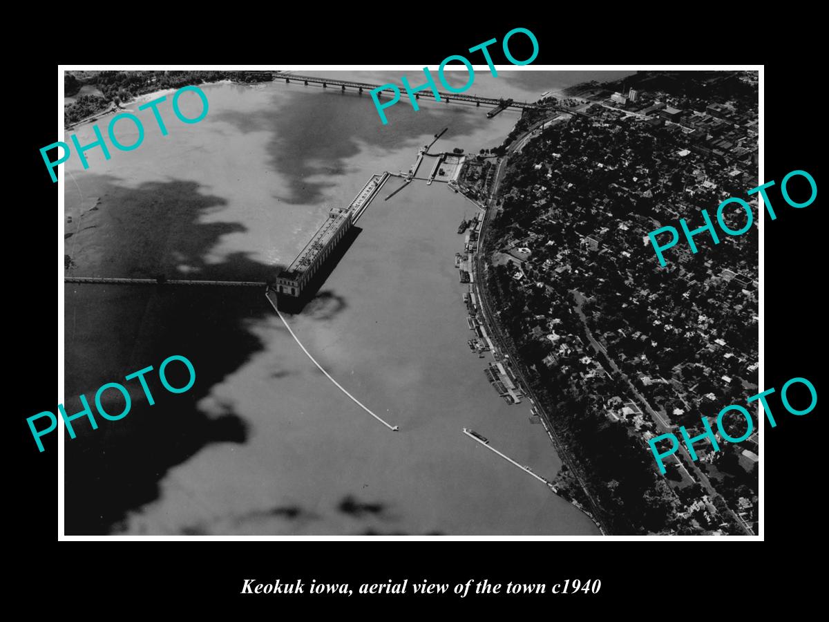 OLD LARGE HISTORIC PHOTO KEOKUK IOWA, AERIAL VIEW OF THE TOWN c1940