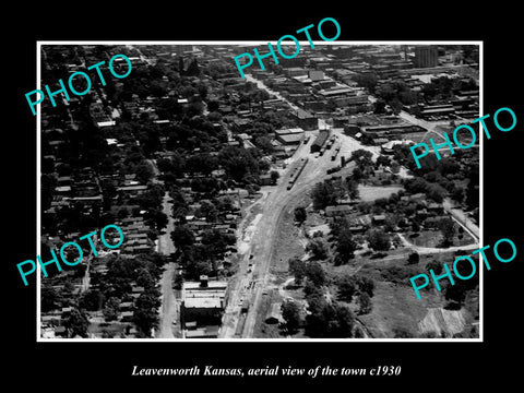 OLD LARGE HISTORIC PHOTO LEAVENWORTH KANSAS, AERIAL VIEW OF THE TOWN c1930