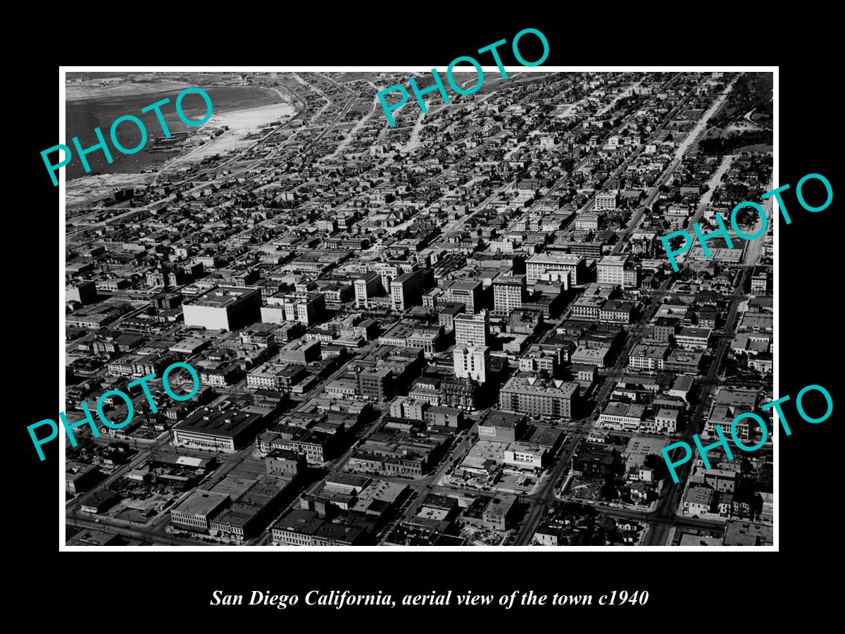 OLD LARGE HISTORIC PHOTO SAN DIEGO CALIFORNIA, AERIAL VIEW OF THE TOWN c1940