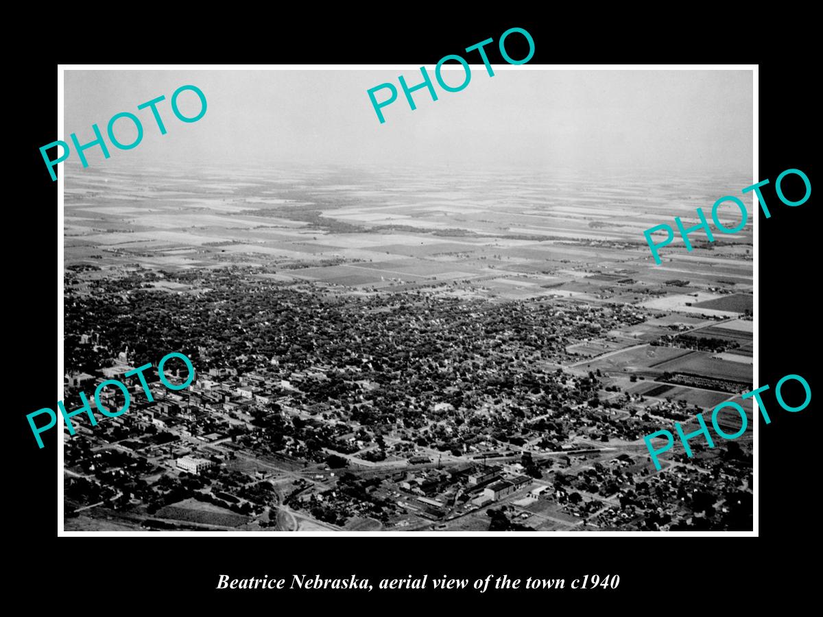 OLD LARGE HISTORIC PHOTO BEATRIVE NEBRASKA, AERIAL VIEW OF THE TOWN c1940