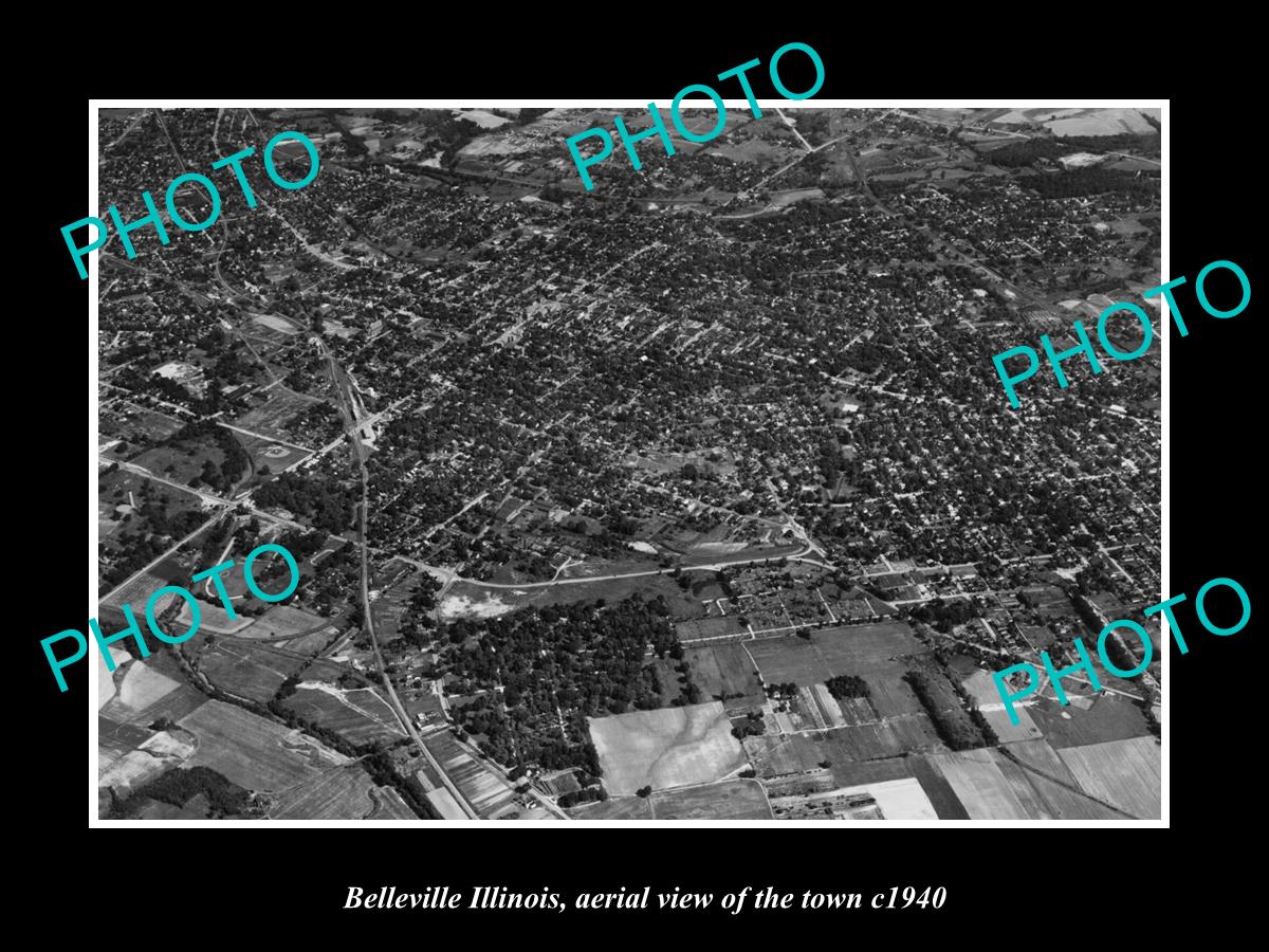 OLD LARGE HISTORIC PHOTO BELLEVILLE ILLINOIS, AERIAL VIEW OF THE TOWN c1940