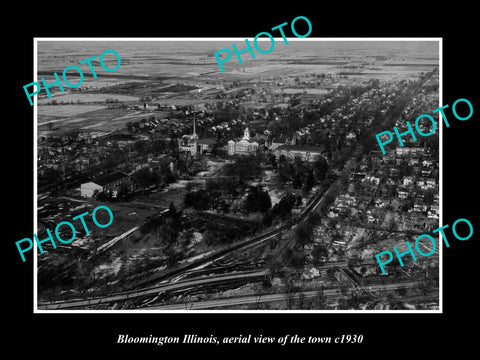 OLD LARGE HISTORIC PHOTO BLOOMINGTON ILLINOIS, AERIAL VIEW OF THE TOWN c1930