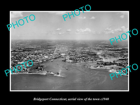 OLD LARGE HISTORIC PHOTO BRIDGEPORT CONNECTICUT, AERIAL VIEW OF THE TOWN c1940
