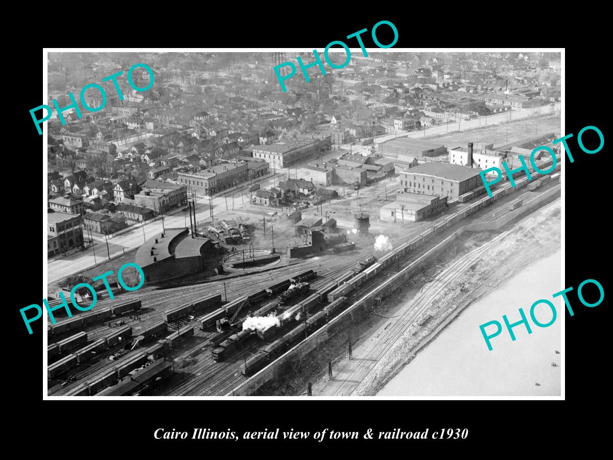 OLD LARGE HISTORIC PHOTO CAIRO ILLINOIS, AERIAL VIEW OF TOWN & RAILROAD c1940