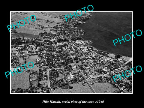 OLD LARGE HISTORIC PHOTO HILO HAWAII, AERIAL VIEW OF THE TOWN c1940 1