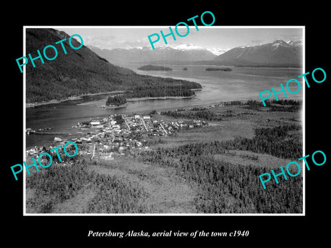 OLD LARGE HISTORIC PHOTO PETERSBURG ALASKA, AERIAL VIEW OF THE TOWN c1940